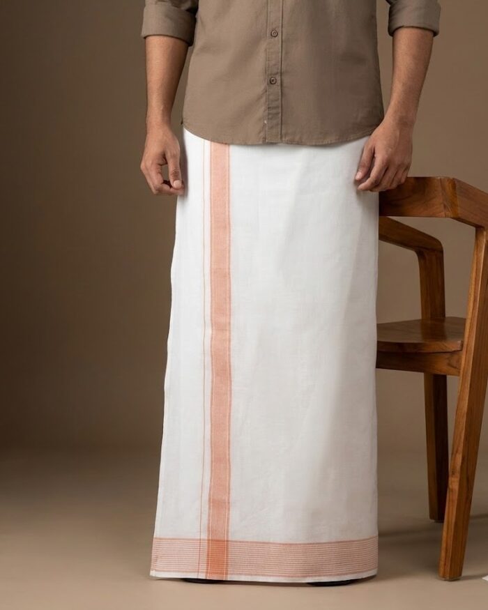 lungi 25 Kerala Handloom White Lungi with Peach Stripes (180 x 130 cm) - Image 1