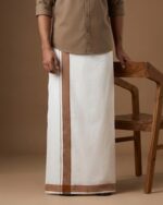 Kerala Handloom White Lungi with Light Brown Stripes (180 x 130 cm)