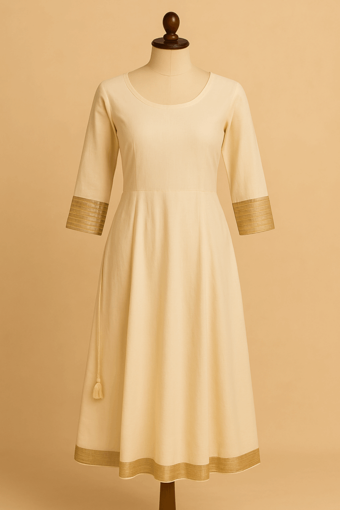 6a3abb00-f58e-45fa-bd61-56ed53bd4306 Off-white Anarkali with gold and sliver board border (L) - Image 1