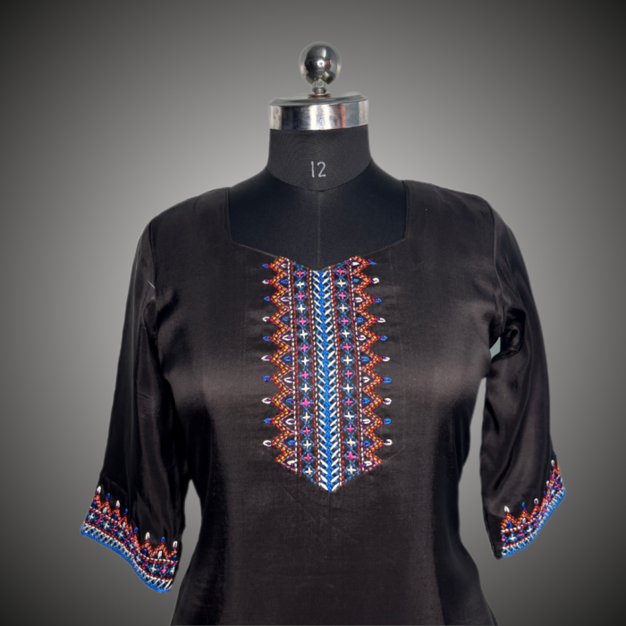 Elegant Hand-Embroidered Black Silk Kurti - Image 2