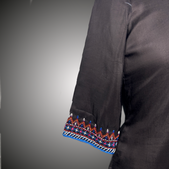 Elegant Hand-Embroidered Black Silk Kurti - Image 3