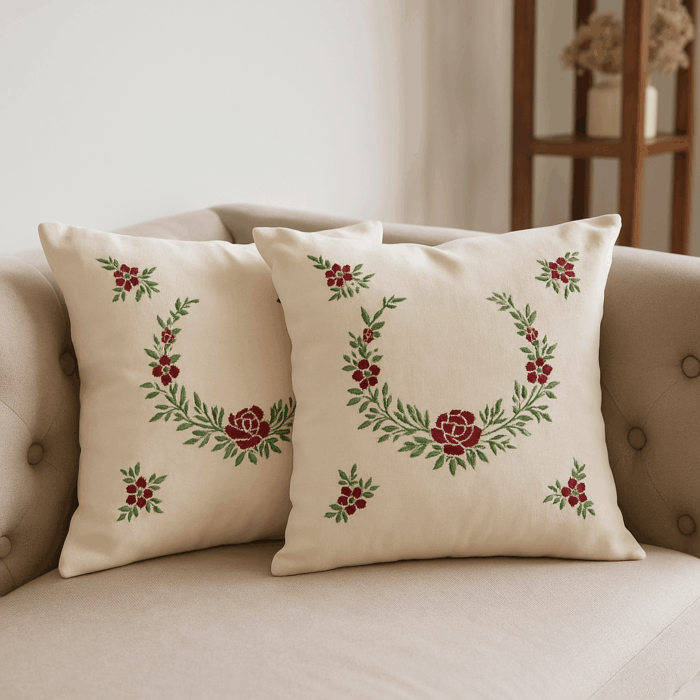 Premium Handcrafted Embroidery Cushion Cover Set of 2 - 16×16 inches - Image 1