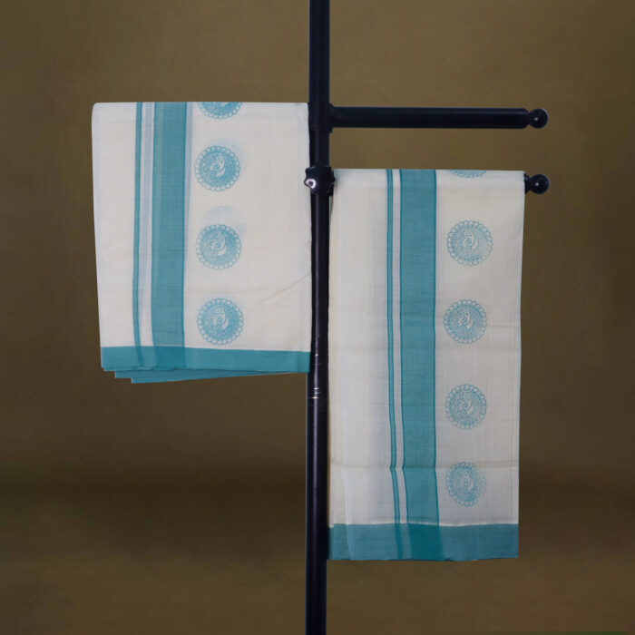 Vishu 2_3_0005_IMG_1605 Handloom Cotton Set Mundu with Block Print - Image 1