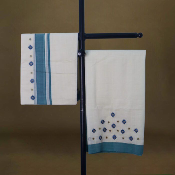 Vishu 2_3_0006_IMG_1607 Handloom Cotton Set Mundu with Hand Embroidery & Bead Work - Image 1