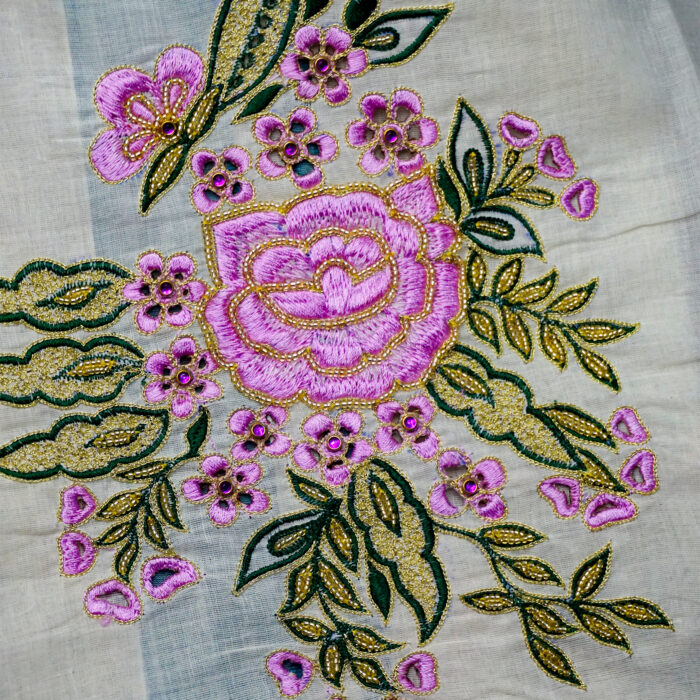 Kerala Handloom Set Mundu with Floral Embroidery - Image 5
