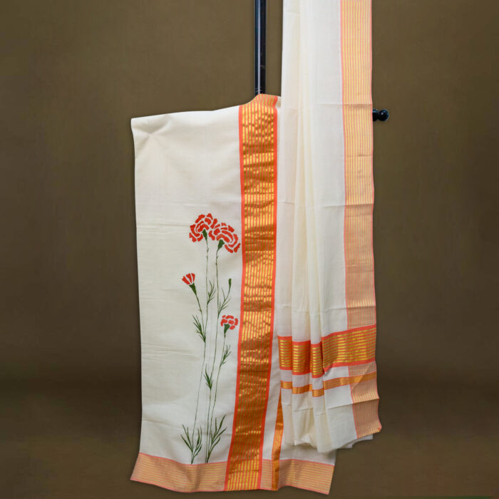 Kerala Handloom Fabric painted Set Mundu - Image 3