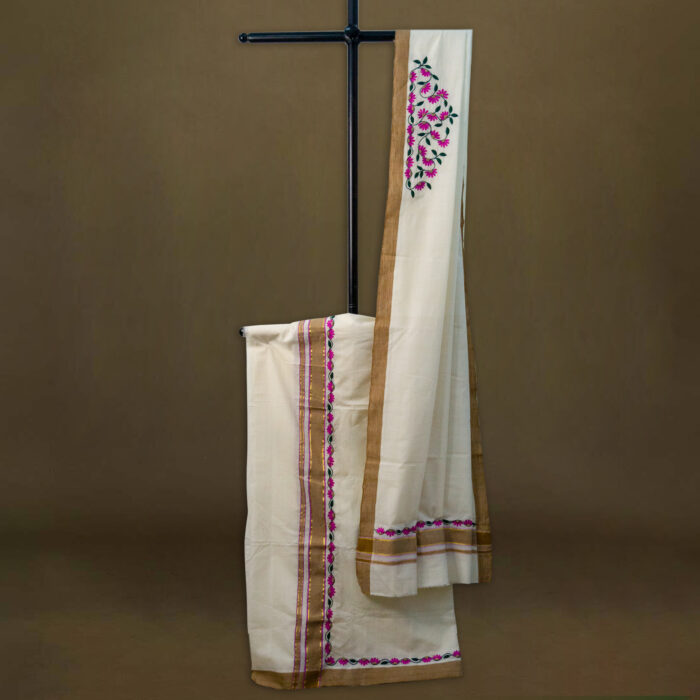 Vishu collection_3_0006_DSC02298 Kerala Handloom Hand-Embroidered Set Mundu - Image 1