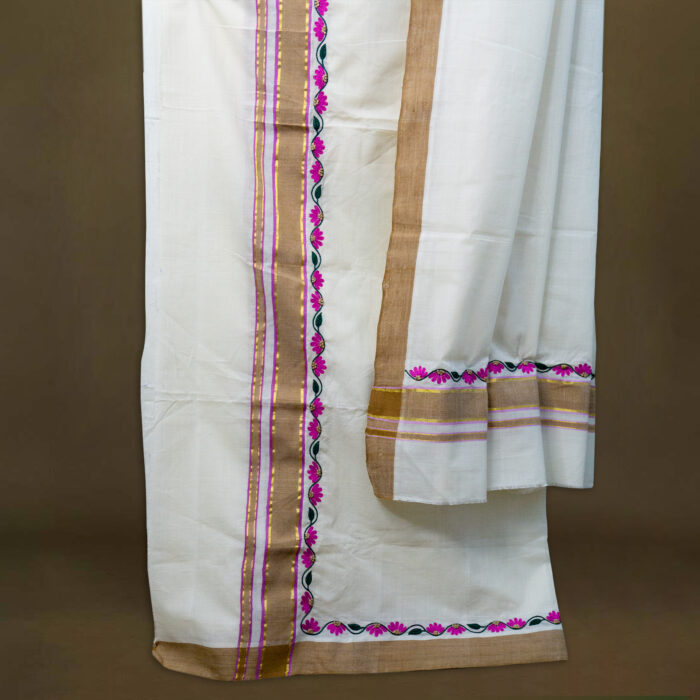 Kerala Handloom Hand-Embroidered Set Mundu - Image 3