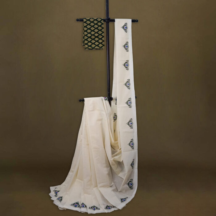 Kerala Handloom Saree with Peacock Feather Printed - Image 1