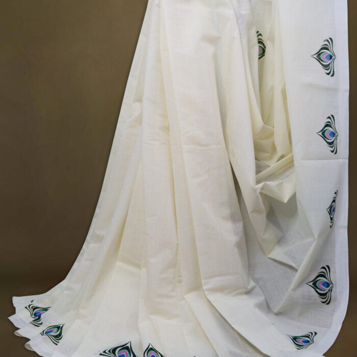 Kerala Handloom Saree with Peacock Feather Printed - Image 2