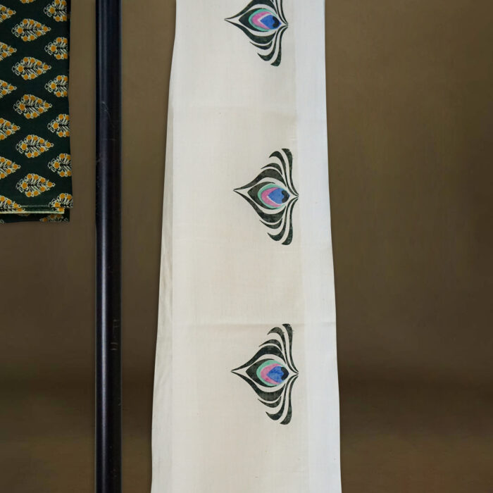 Kerala Handloom Saree with Peacock Feather Printed - Image 3