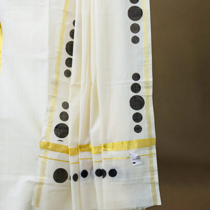 Kerala Handloom Set Mundu with Minimalist Circular Print - Image 2