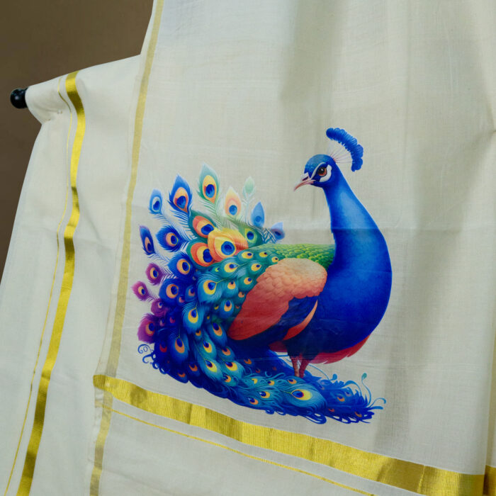 Kerala Handloom Set Mundu with Peacock print - Image 2