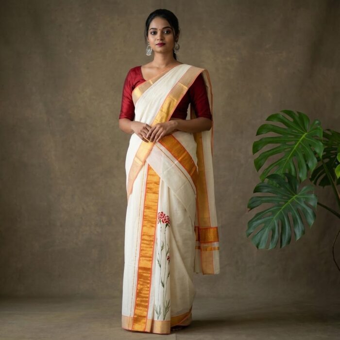 Kerala Handloom Fabric painted Set Mundu - Image 1