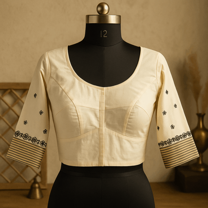 16978a0e-eaa4-44ef-a6e7-8cbb7c67d281 Elegant Handloom Cotton Blouse with Hand Embroidered Sleeves - Image 1