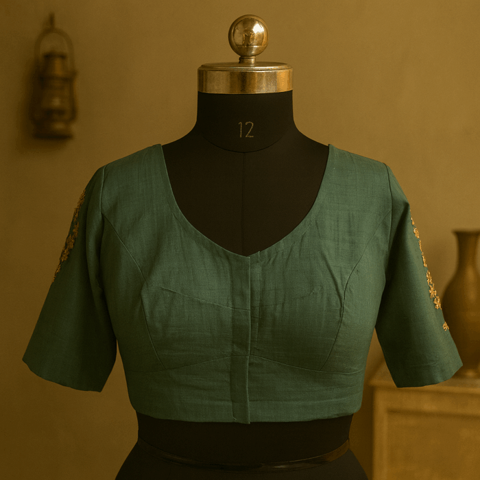 Green handloom cotton embroidered blouse - Image 1