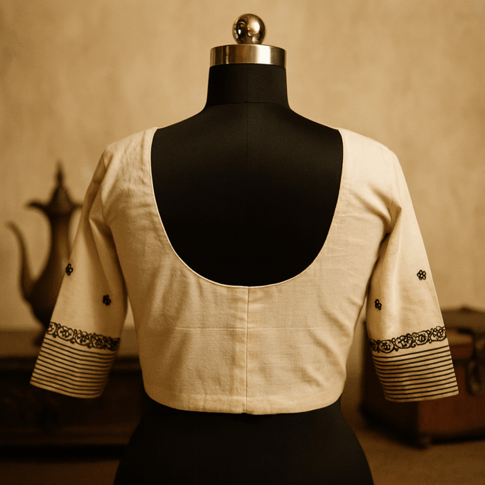 Elegant Handloom Cotton Blouse with Hand Embroidered Sleeves - Image 2