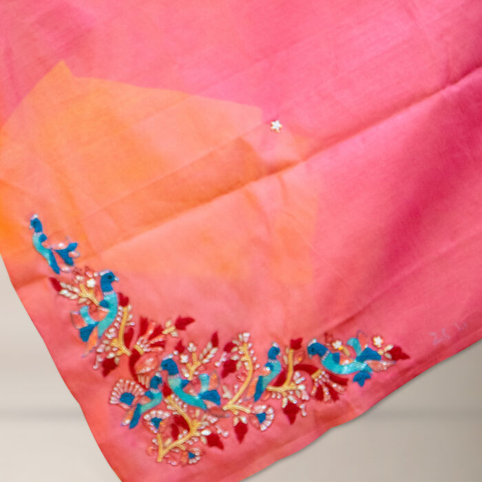 Rose Pink Bamboo Tussar Silk Dupatta with Hand Embroidery (4) - Image 3