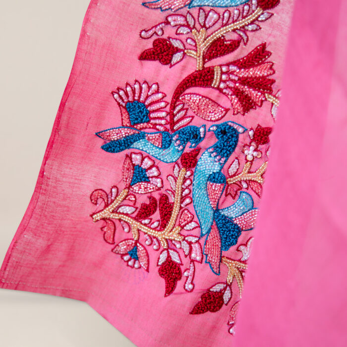 Rose Pink Bamboo Tussar Silk Dupatta with Hand Embroidery (4) - Image 4