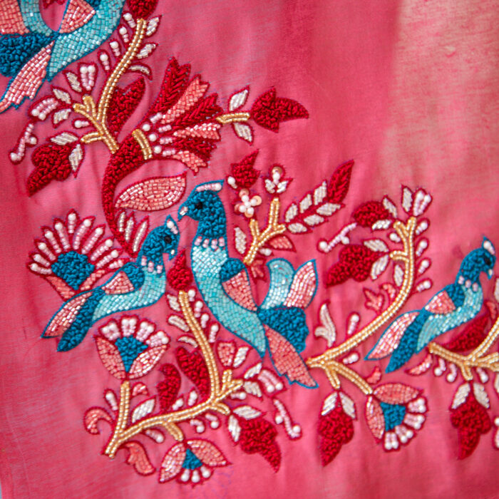 Rose Pink Bamboo Tussar Silk Dupatta with Hand Embroidery (4) - Image 5
