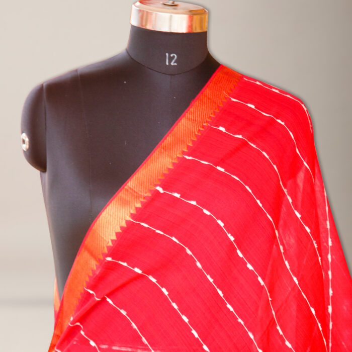 Red Cotton Dupatta with Golden Zari Border & Thread Work - Image 2
