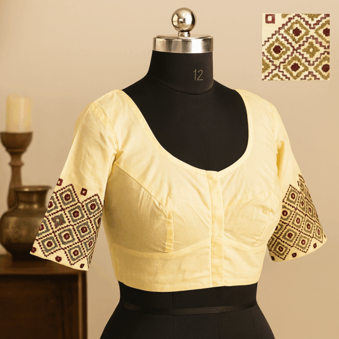 b253e4f2-308a-4452-bb2c-620f1ea698e7 Mirror Maze – Off White Handloom Blouse with Geometric Embroidery - Image 1