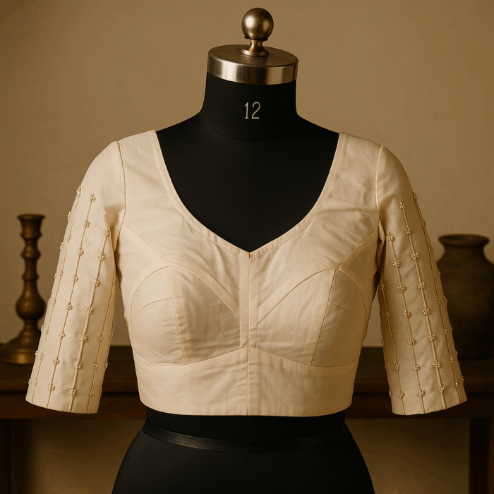 Elegant Pearl & Thread Embroidered Handloom Cotton Blouse - Image 1