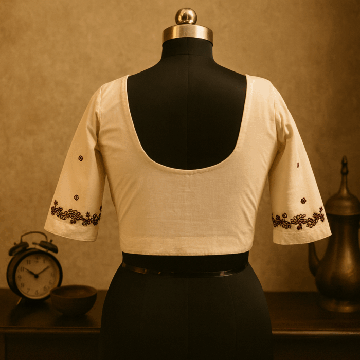 Handloom Cotton Blouse with Maroon Hand Embroidery - Image 2