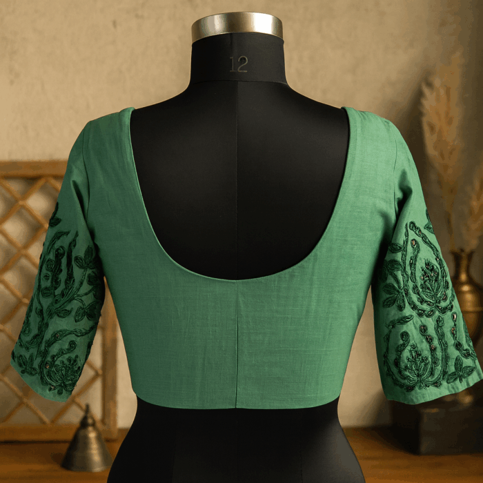 Emerald Bloom – Green Cutwork Handloom Blouse - Image 2