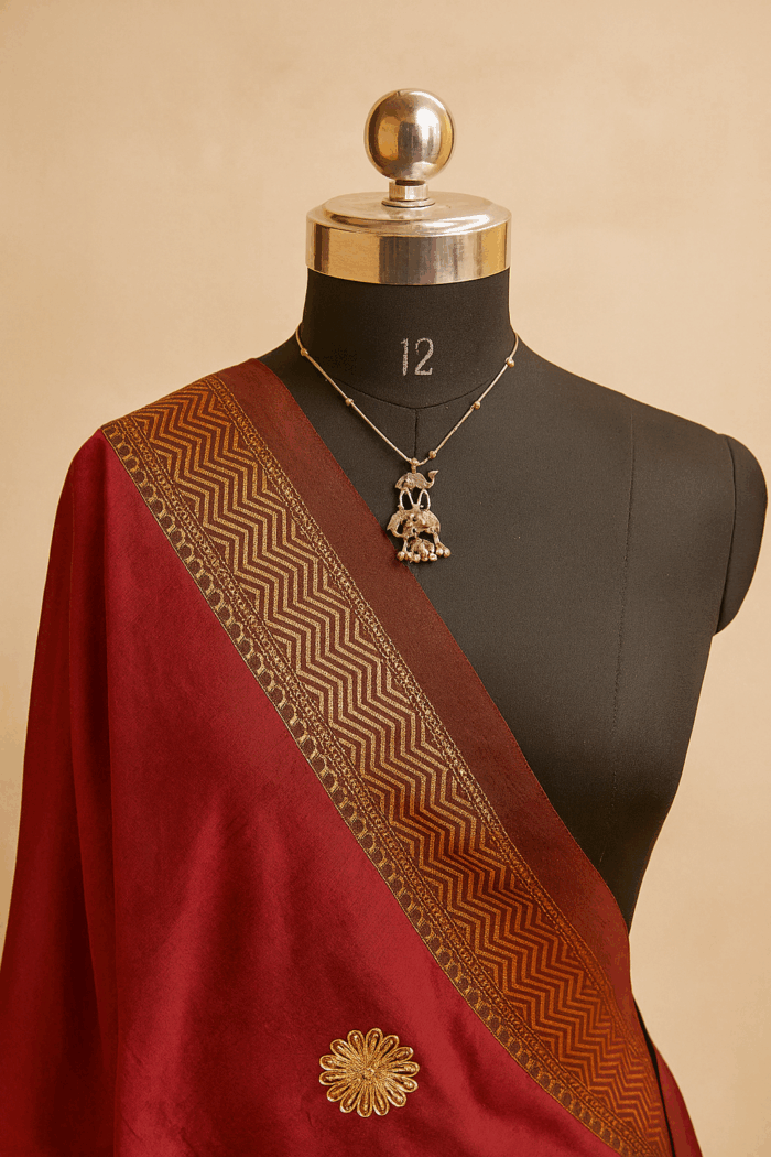Maroon Cotton Silk Dupatta with Hand Embroidery & Zari Border (3)) - Image 2