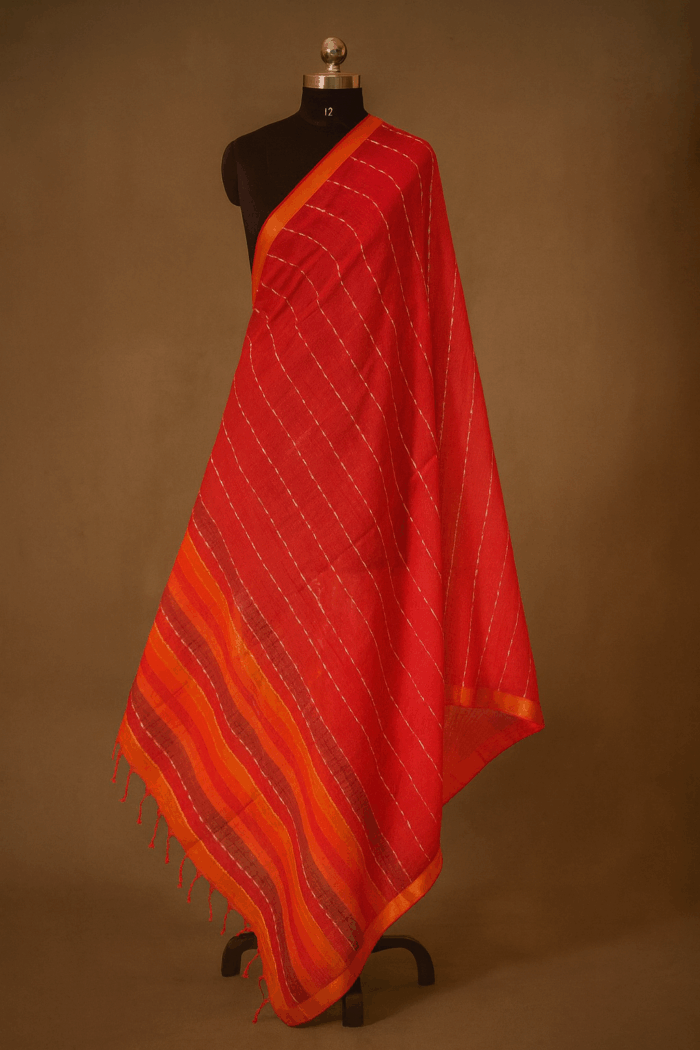 1b250191-556e-4e06-8d4a-fd9ced2cdc7b Red Cotton Dupatta with Golden Zari Border & Thread Work - Image 1