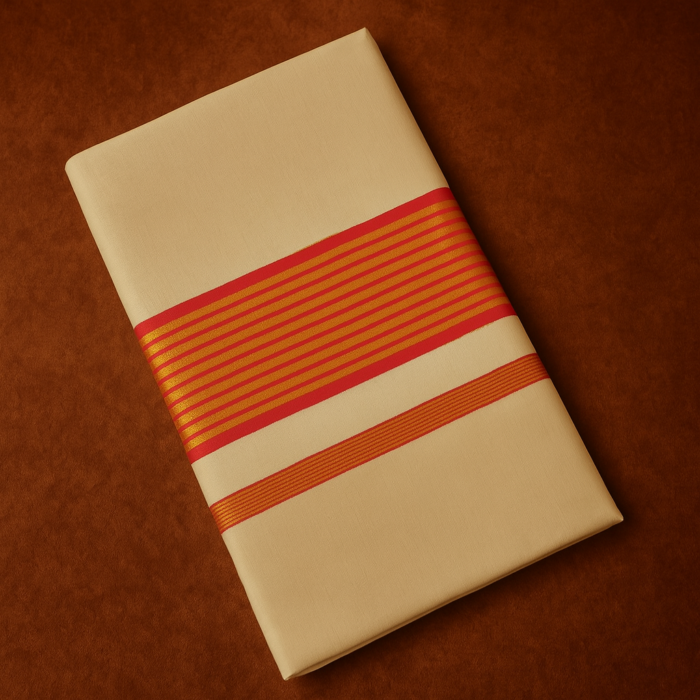650491de-0eef-46e2-b064-f7698e21cf42 Kerala Handloom Orange Striped Saree - Image 1