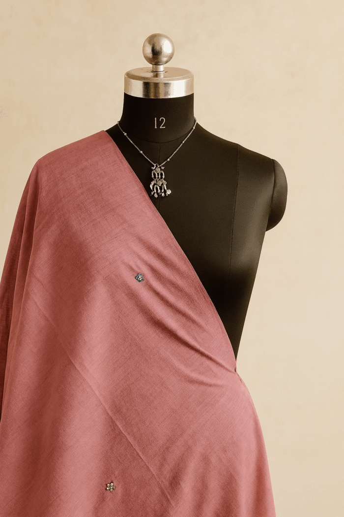 Rose Pink Bamboo Tussar Silk Dupatta with Hand Embroidery (4) - Image 2