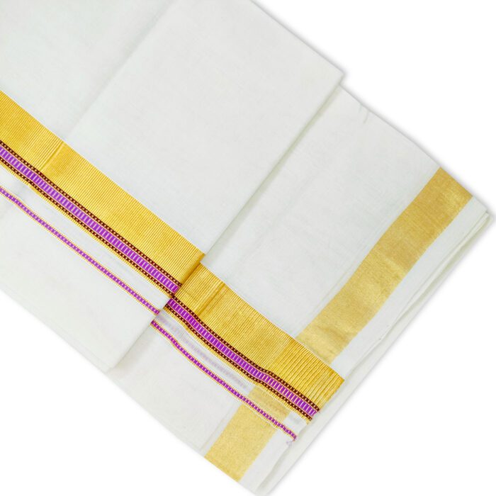 Kerala Handloom Golden with Pink Dhoti - Image 2