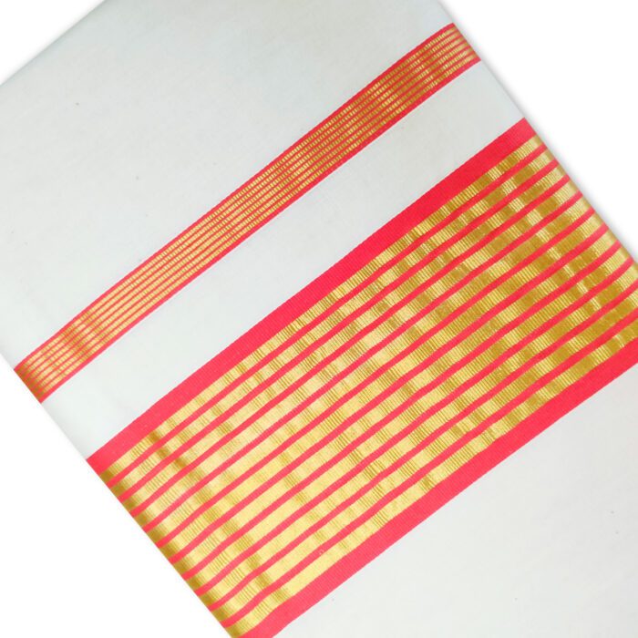 Kerala Handloom Orange Striped Saree - Image 2