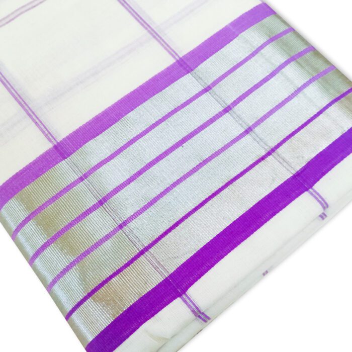 Kerala Handloom Purple Check Saree - Image 2