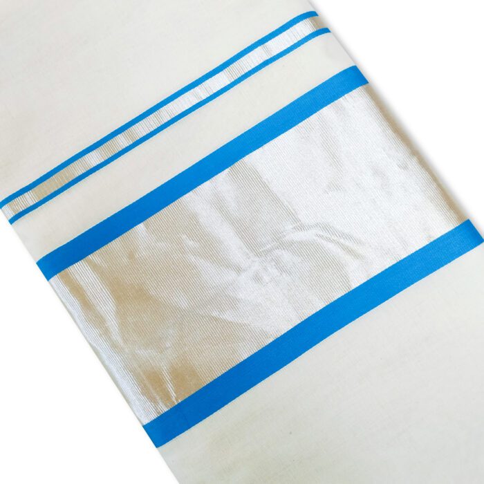 Kerala Handloom Sky Blue Silver Kasavu Saree - Image 2