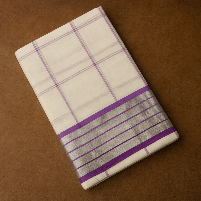 d644d190-25f7-4206-b2c6-0b1b7905e551 Kerala Handloom Purple Check Saree - Image 1