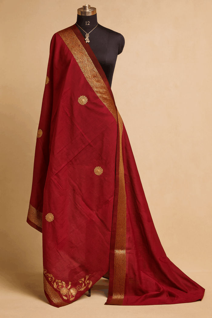 Maroon Cotton Silk Dupatta with Hand Embroidery & Zari Border (3)) - Image 1