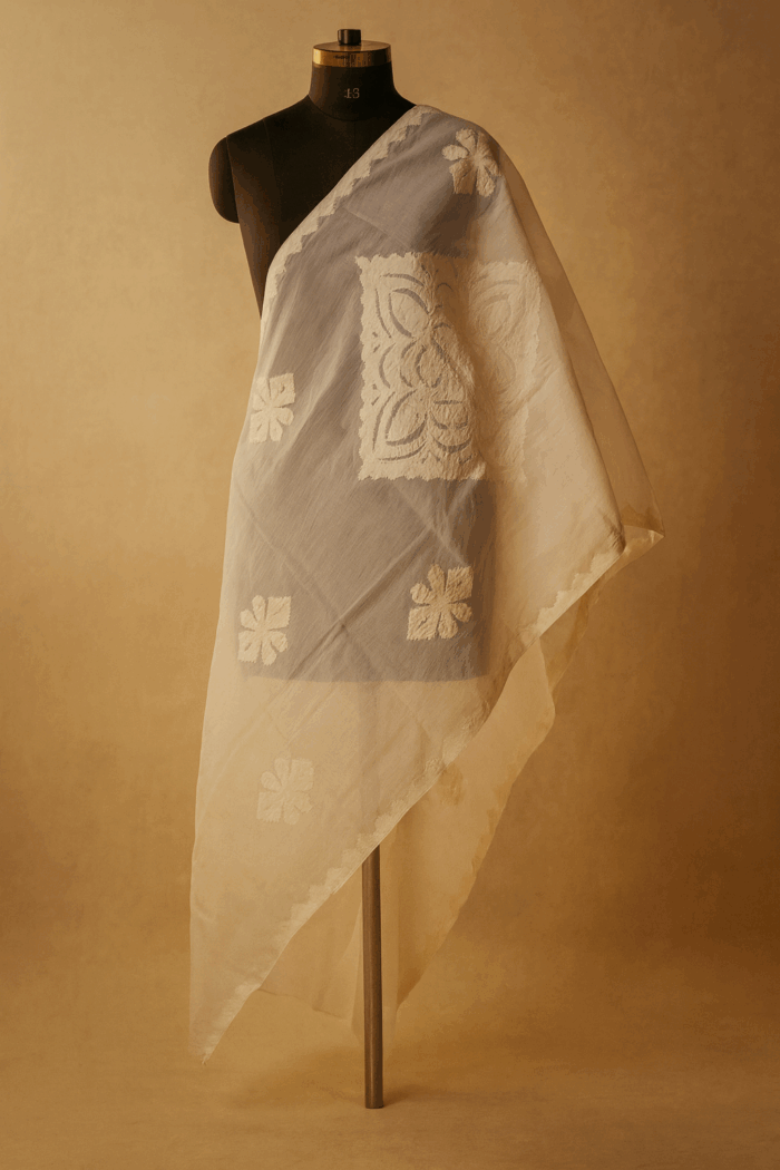 e663a1b6-5b7d-498a-88e1-3520122eebd5 White Whisper Cotton Organza Dupatta – Applique Elegance - Image 1