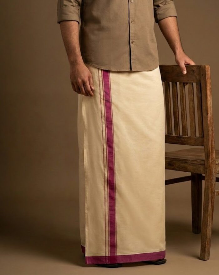 Kerala Handloom Dark Pink Striped Dhoti - Image 1