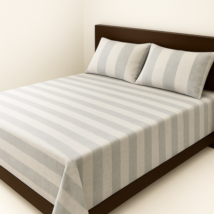 ChatGPT Image Jul 11, 2025, 04_14_22 PM Premium Handloom Cotton Cream and Light Grey Striped Bedsheet (100*110) - Image 1