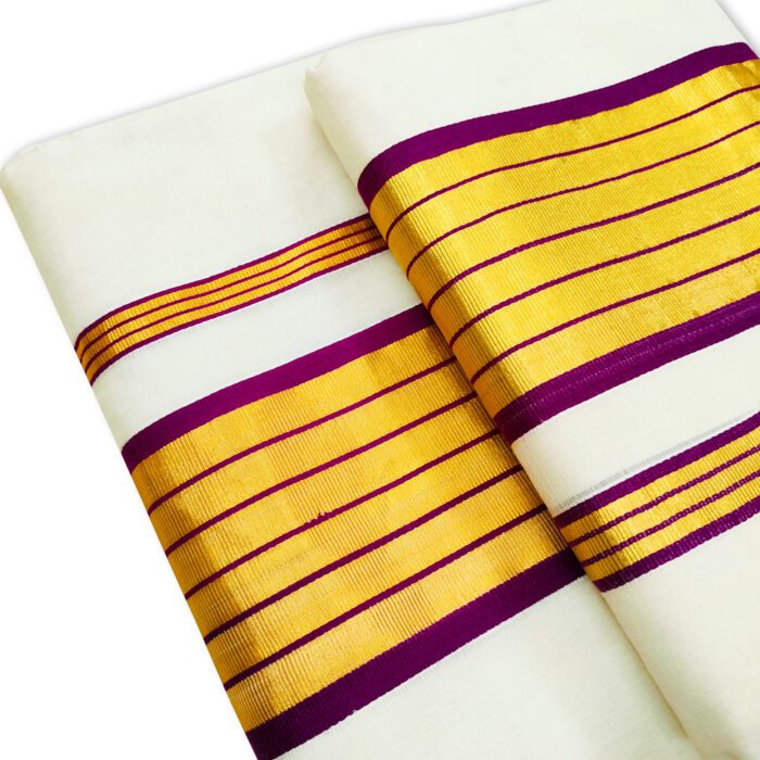 Kerala Handloom Double Set Mundu With Violet Borders - Image 2