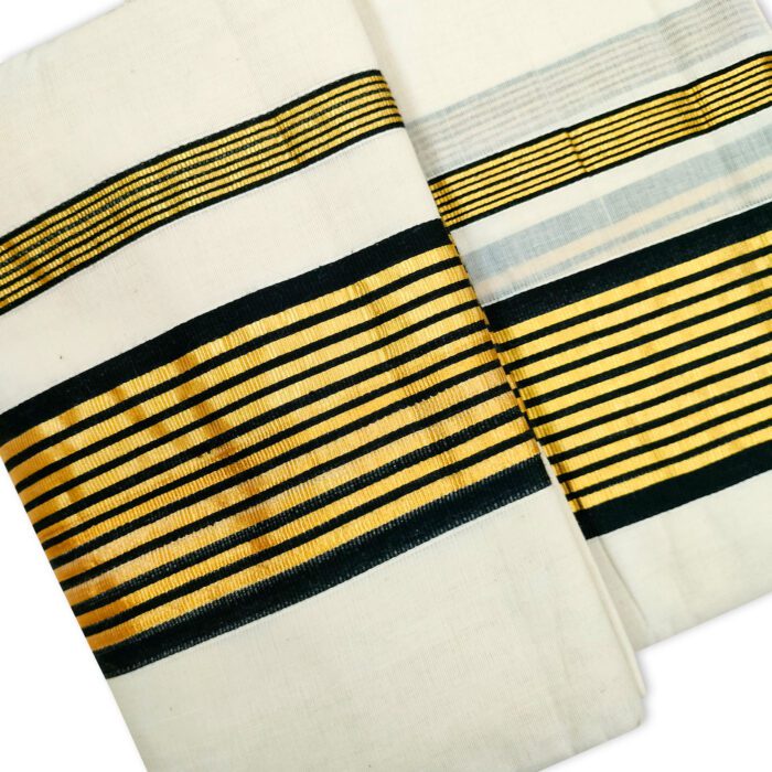 Kerala Handloom Set Mundu with Black and Golden Stripes - Image 2