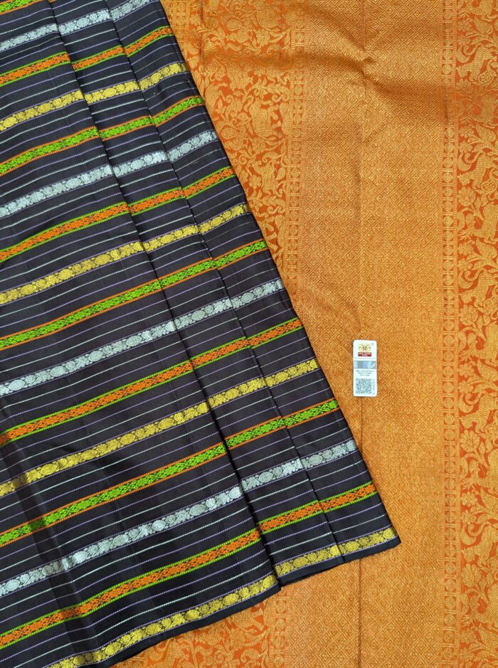 Pure Kanchi Silk Orange with Black Saree (8) - Image 3