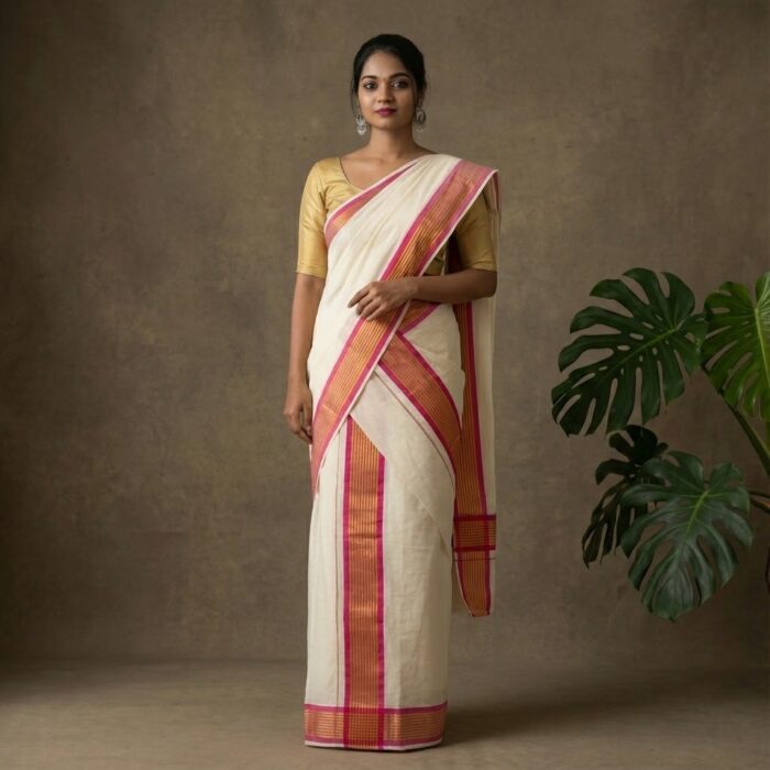 set mundu 48 Kerala Handloom Double Set Mundu With Orange Stripes - Image 1
