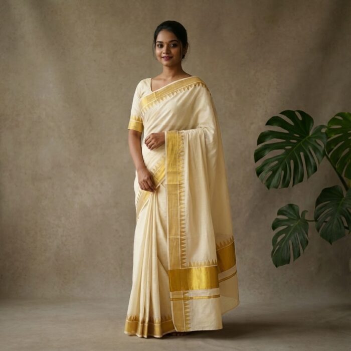 06ebdfff-2ea6-4f0f-96fd-b87551808866-1766030336 Kerala Handloom Set Mundu with Golden Kasavu Borders with Blouse (54) - Image 1