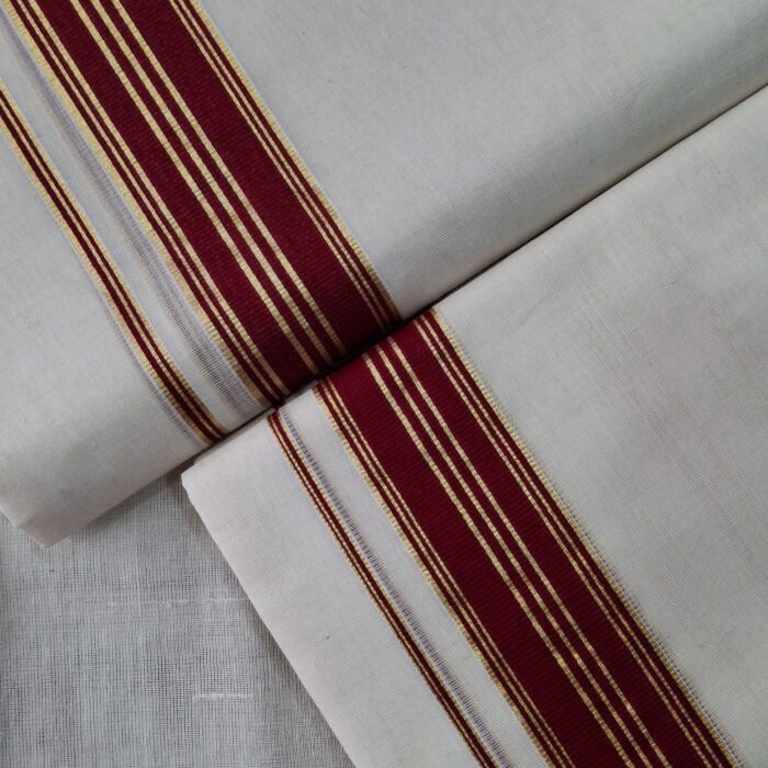 Kerala Handloom Set Mundu with Maroon Borders (44) - Image 2