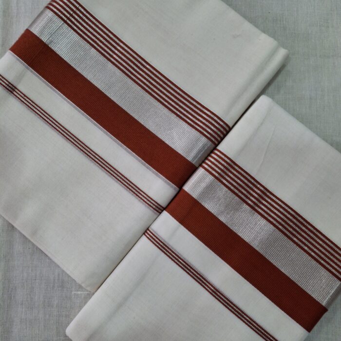 Kerala Handloom Set Mundu Red with Silver Borders (45) - Image 3