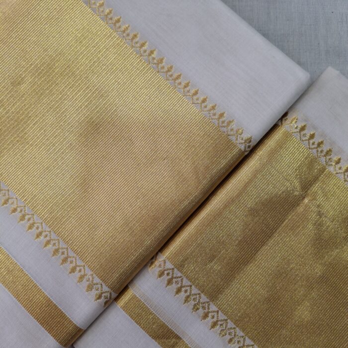 Kerala Handloom Set Mundu with Golden Kasavu Borders with Blouse (54) - Image 2